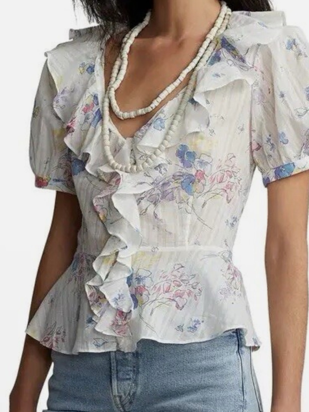 Polo by Ralph Lauren White Floral Ruffle Peplum Blouse